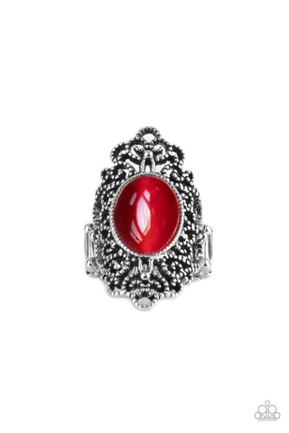 Once Upon a Meadow - Red - Oval Cat's Eye Stone Silver Filigree Paparazzi Ring