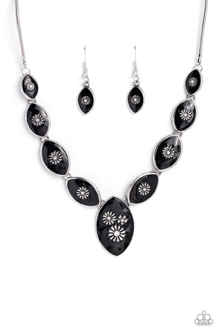 Pressed Flowers - Black - Painted Frame Silver Flower Paparazzi Short Necklace