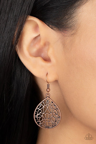 Valley Estate - Copper - Floral Filigree Teardrop Frame Paparazzi Fishhook Earrings