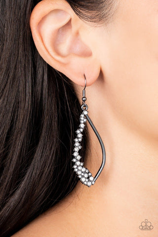 Sparkly Side Effects - Black - White Rhinestone Encrusted Warped Gunmetal Teardrop Paparazzi Fishhook Earrings