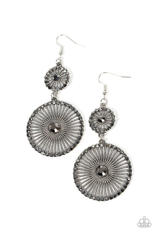 Bring Down the WHEELHOUSE - Silver - Spoke Disc Hematite Rhinestone Paparazzi Fishhook Earrings