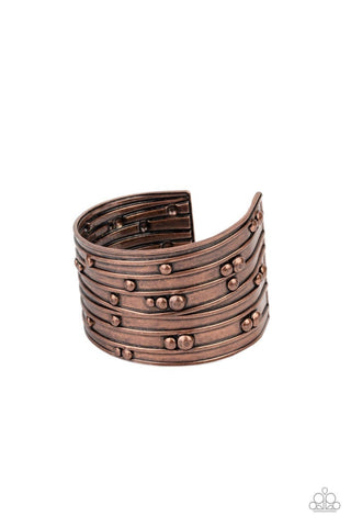 Mechanical Motif - Copper - Studded Asymmetrical Band Paparazzi Cuff Bracelet