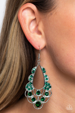 Majestic Masquerade - Green - Rhinestone Studded Silver Frame Paparazzi Fishhook Earrings