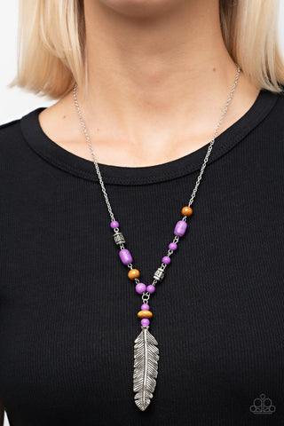 Watch Me Fly - Purple - Stone and Wooden Bead Feather Pendant Paparazzi Necklace