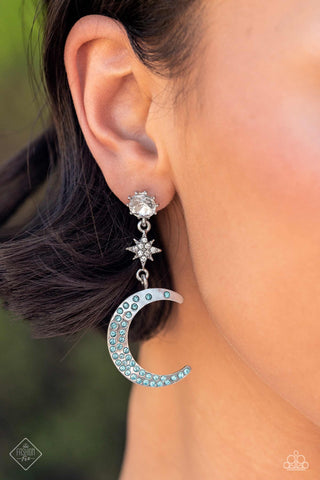 Galactic Grouping - Blue - Rhinestone Encrusted Moon Paparazzi Post Earrings - August 2023 Sunset Sightings