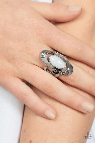 Garden Oasis - White - Oval Bead Filigree Paparazzi Ring