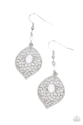 Perky Perennial - White - Oval Bead Center Silver Floral Paparazzi Fishhook Earrings