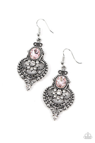 Castle Chateau - Pink - Rhinestone Floral Paparazzi Fishhook Earrings