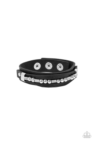 Easy on the Hardware - Black - Silver Bead Leather Paparazzi Snap Wrap Bracelet