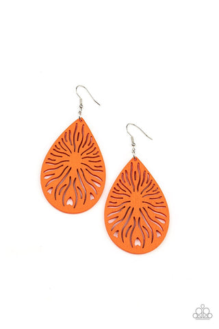 Sunny Incantations - Orange - Wooden Sun Teardrop Paparazzi Fishhook Earrings