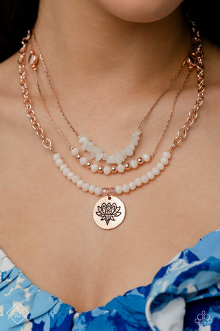 Lotus Luxury - Rose Gold - Flower Pendant White and Rose Quartz Stone Tiered Paparazzi Short Necklace - June 2023 Glimpses of Malibu