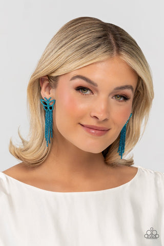 Billowing Butterflies - Blue - Rhinestone Butterfly Tassel Paparazzi Post Earrings - July 2023 Life of the Party Exclusive