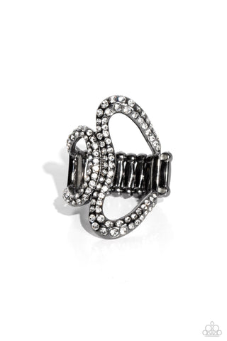 Gap Year - Black - White Rhinestone Warped Gunmetal Paparazzi Ring