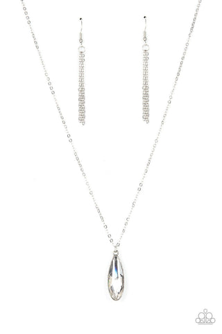 Prismatically Polished - White - Elongated Teardrop Gem Paparazzi Short Necklace