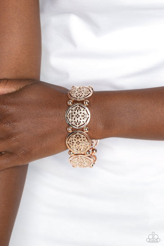 Filigree Fanfare - Rose Gold - Floral Disc Paparazzi Stretchy Bracelet