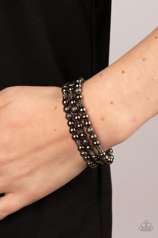 Boundless Boundaries - Black - Textured and Smooth Gunmetal Bead Paparazzi Stretchy Bracelet