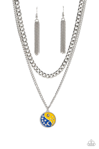 Night and Day - Yellow - and Blue Yin-Yang, Moon and Sun Tiered Paparazzi Short Necklace