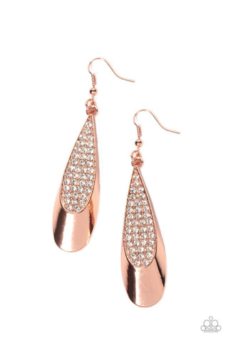 Prismatically Persuasive - Copper - White Rhinestone Encrusted Elongated Teardrop Paparazzi Fishhook Earrings