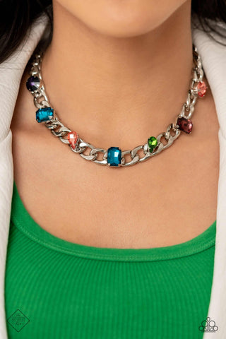 Audaciously Affixed - Multi - Colored Gem Curb Chain Paparazzi Short Necklace - August 2023 Magnificent Musings