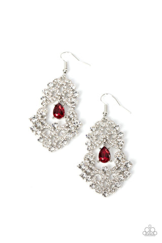 Sociable Sparkle -Red - Teardrop Gem Center Rhinestone Paparazzi Fishhook Earrings