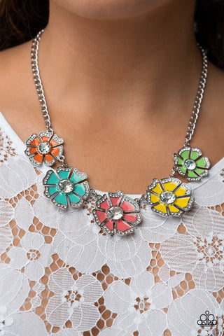 Playful Posies - Multi - Colorful Flower Rhinestone Petal Paparazzi Short Necklace - July 2023 Life of the Party Exclusive