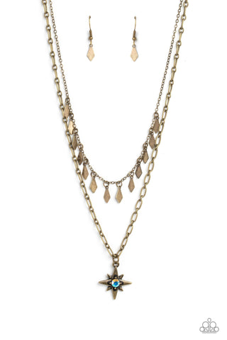 The Second Star to the LIGHT - Brass - Iridescent Rhinestone Star Tiered Paparazzi Short Necklace