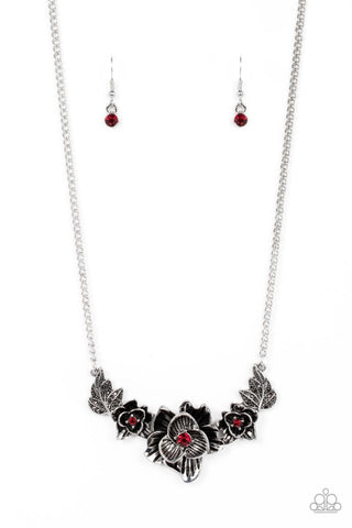 Botanical Breeze - Red - Rhinestone Center Flower Paparazzi Short Necklace