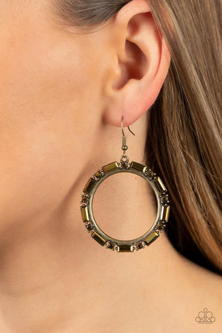 Gritty Glow - Brass - Round and Emerald Cut Rhinestone Hoop Paparazzi Fishhook Earrings