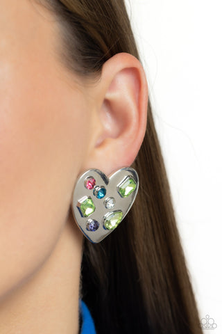 Relationship Ready - Green - Multi-Colored Rhinestone Oversized Heart Paparazzi Post Earrings