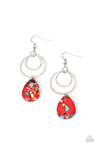 Terrazzo Tempo - Red - Teardrop Stone Silver Hoop Paparazzi Fishhook Earrings