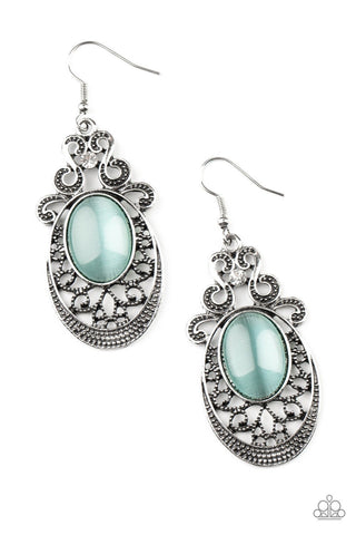 Garden Gondola Ride - Blue - Oval Cat's Eye Stone Filigree Paparazzi Fishhook Earrings