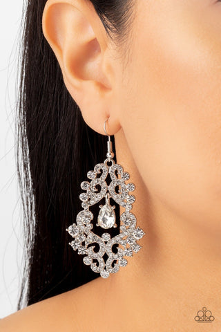 Sociable Sparkle - White - Teardrop Gem Center Rhinestone Paparazzi Fishhook Earrings