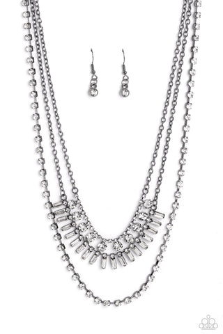 Dripping in Stardust - Black - Deco White Rhinestone Tiered Gunmetal Paparazzi Short Necklace