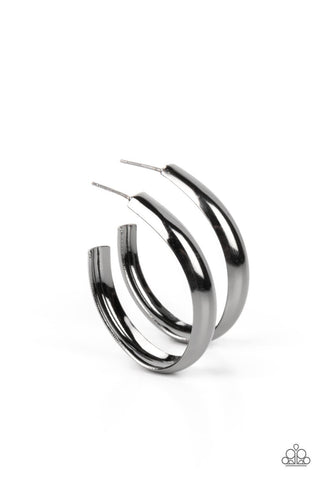 Champion Curves - Black - Shiny Gunmetal Asymmetrical Paparazzi Hoop Earrings