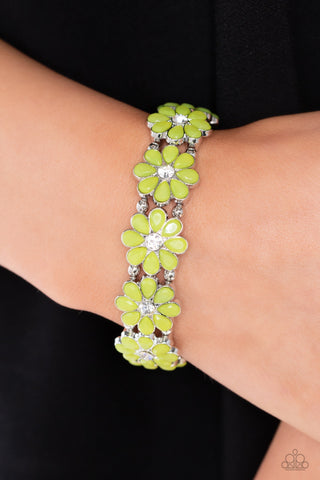 Hawaiian Holiday - Green - White Rhinestone Center Flower Paparazzi Stretchy Bracelet