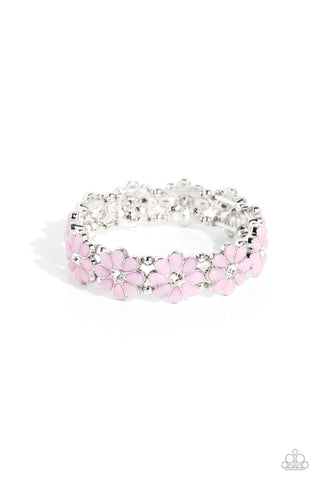 Hawaiian Holiday - Pink - White Rhinestone Center Flower Paparazzi Stretchy Bracelet