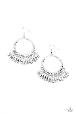 Fringe Fanfare - Silver - Beaded Hoop Paparazzi Fishhook Earrings