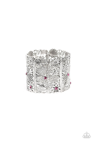 Garden City - Pink - Floral Filigree Rhinestone Paparazzi Stretchy Bracelet