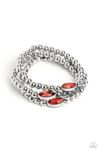 Twinkling Team - Red - Marquise Cut Gem Silver Bead Paparazzi Stretchy Bracelet