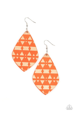 Zimbabwe Zoo - Orange - Etched Tribal Design Paparazzi Wooden Fishhook Earrings