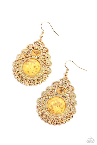 Welcoming Whimsy - Yellow - Gold Foil Flecked Bead Filigree Paparazzi Fishhook Earrings