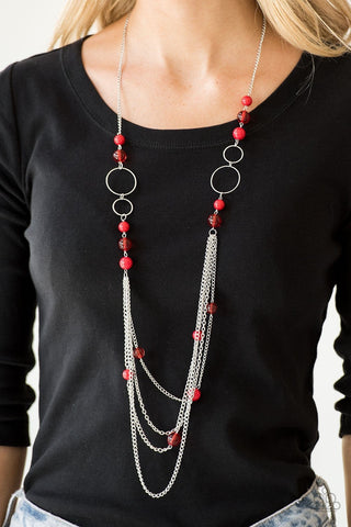 Bubbly Bright - Red - Beaded Tiered Chain Paparazzi Long Necklace