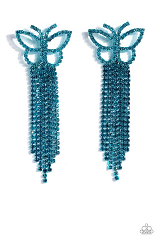 Billowing Butterflies - Blue - Rhinestone Butterfly Tassel Paparazzi Post Earrings - July 2023 Life of the Party Exclusive