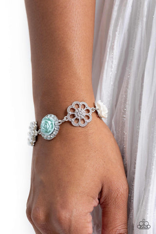 Tea Party Theme - Blue - Resin Rose Flower White Rhinestone Paparazzi Lobster Claw Bracelet