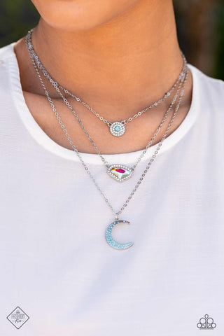 Lunar Lineup - Blue - Iridescent Gem Moon Charm Tiered Paparazzi Short Necklace - August 2023 Sunset Sightings