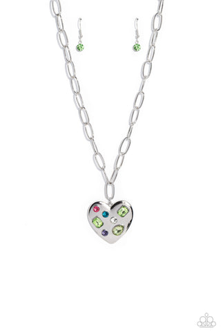 Online Dating - Green - Multi-Colored Rhinestone Oversized Heart Paparazzi Short Necklace