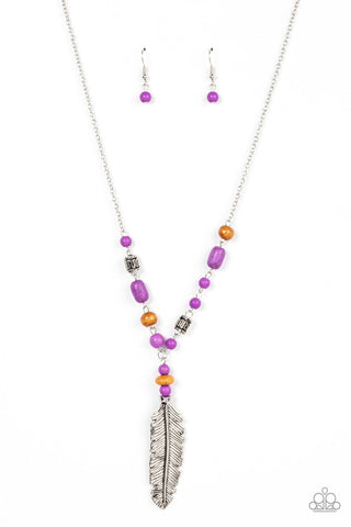 Watch Me Fly - Purple - Stone and Wooden Bead Feather Pendant Paparazzi Necklace