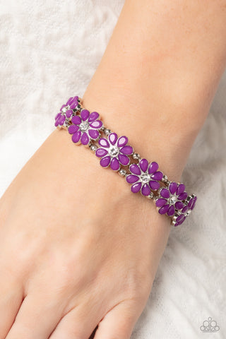 Hawaiian Holiday - Purple - White Rhinestone Center Flower Paparazzi Stretchy Bracelet