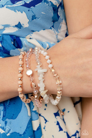 Dewy Delight - Rose Gold - Pink Bead and White Stone Paparazzi Pull-Cord Bracelet - June 2023 Glimpses of Malibu