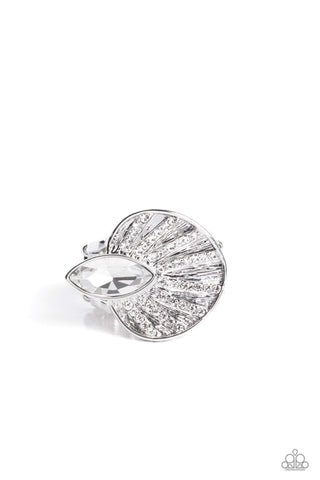 Fan Dance Dazzle - White - Rhinestone Fan Marquise Cut Gem Paparazzi Ring - August 2023 Life of the Party Exclusive